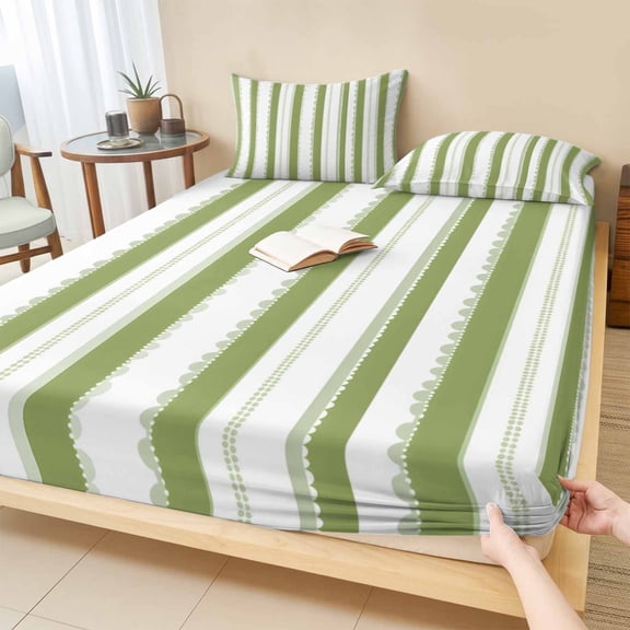 King Size Fitted Sheet Set - Sage Green Striped 3 Piece Bedding Sets 16" Deep Pocket Fitted Sheet with 2 Pillowcases, Farmhouse Vertical Stripes Geometric Brushed Microfiber Hotel Luxury Bed Sheets