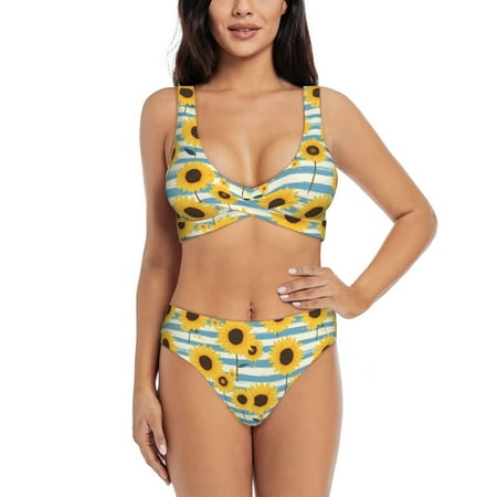 Zeuib Blue White Striped Sunflower A High Waisted Tummy Control Bikini Set - Knot Front Push Up Top & Cheeky Thong Bottom  Two-Piece Swimsuit for Women-Large
