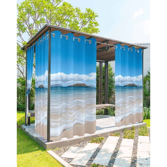nqOlkjepod Outdoor Curtains for Patio Waterproof, Beach Outdoor Privacy Panels Grommet, Summer Ocean Blue Sky Sand Waves Modern Style Blackout Outside Curtains for Porch/Cabana 54"x84", 1 Panel