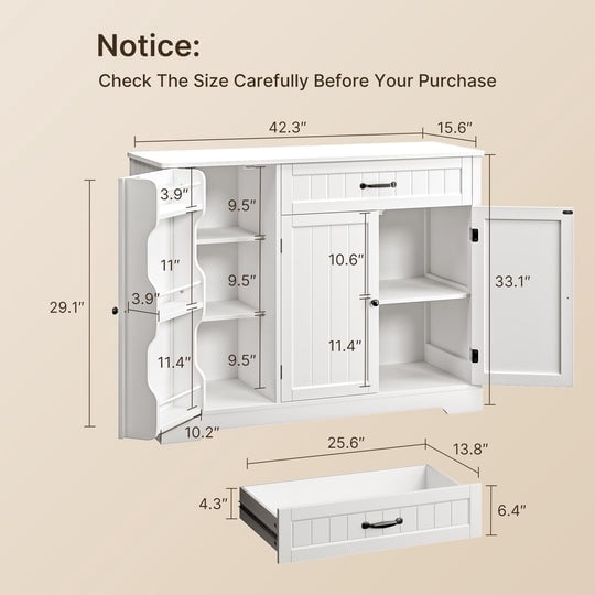 Aiho 42” Coffee Bar Cabinet with Storage, Kitchen Storage Cabinet, Sideboard Buffet Cabinet with 8 Shelves, 1 Drawer - White