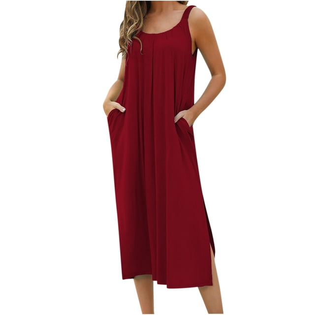 FAIWAD Robe Débardeur d'Été à Dégradé pour Femme Sans Manches à Col Rond Plissée Fendue Robes Fluides Grande Taille Robes Maxi