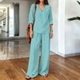 thumbnail image 4 of Zekutng Lounge Sets for Women Loose V-Neck Roll-up Sleeve Linen-Blend Shirt & Elastic Waist Wide Leg Pant Matching Set,Sizes S-3XL, 4 of 7