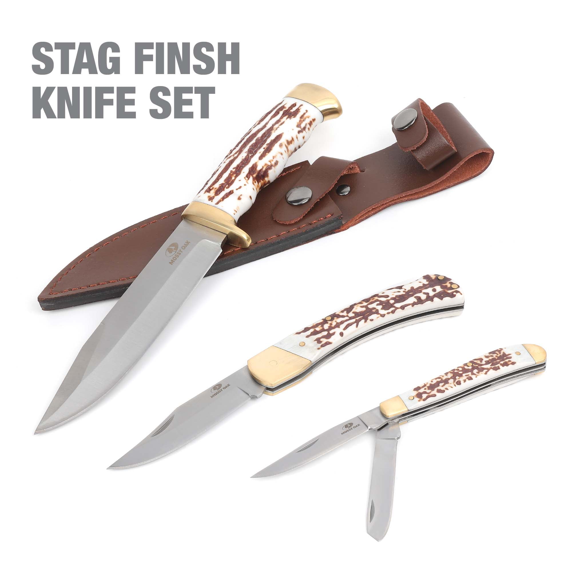 Mossy Oak 3-Piece Stag Finish Knife Set with Leather Sheath, Model 3903