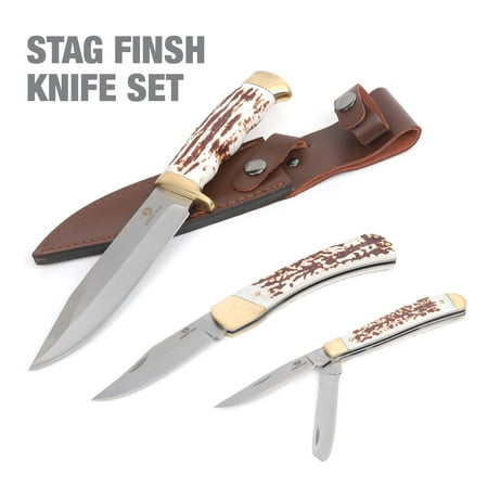 Mossy Oak 3-Piece Stag Finish Knife Set with Stainless Steel Full Tang Blade and Leather Sheath