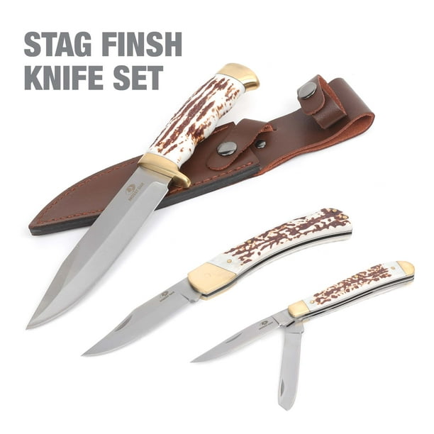 Mossy Oak 3Piece Stag Finish Knife Set with Leather Sheath, Model 3903