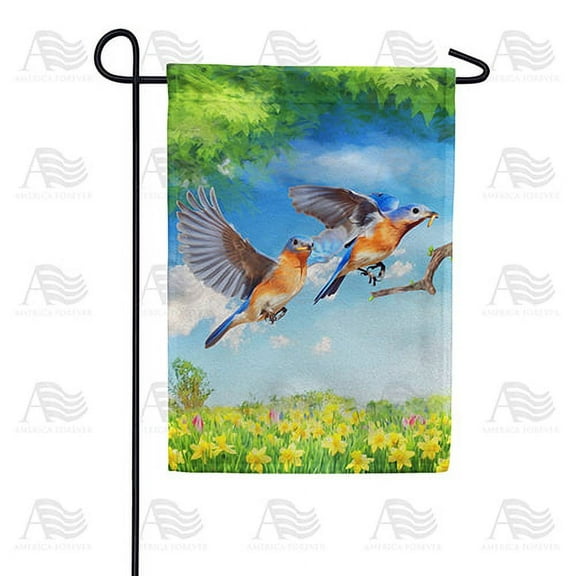 America Forever Spring Bird Garden Flag 12.5 x 18 inches Double Sided Bluebirds, Daffodils, Tulips, Colorful Flowers - Seasonal Yard Lawn Outdoor Decorative Summertime Garden Flag
