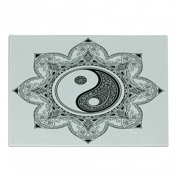 Ying Yang Cutting Board, Yin Yang Characters for Movement and Harmony Macro Cosmos Mandala Pattern, Decorative Tempered Glass Cutting and Serving Board, Small Size, White Black, by Ambesonne