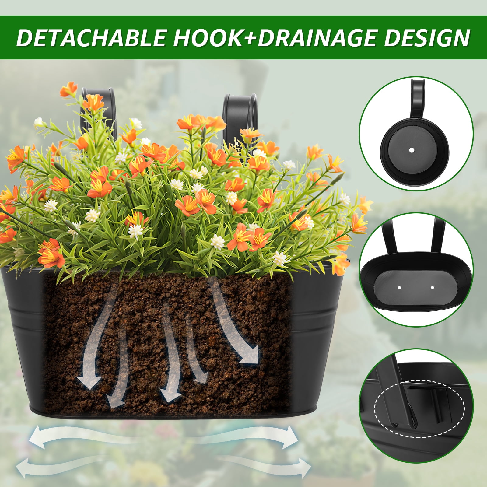 AEVXKHI 6 Pack Metal Railing Planters for Outdoor Plants, Large Iron Balcony Hanging Planter, Flower Pots with Detachable Hook and Drainage Hole, Hanging Bucket Rail Pot for Home Garden Fence