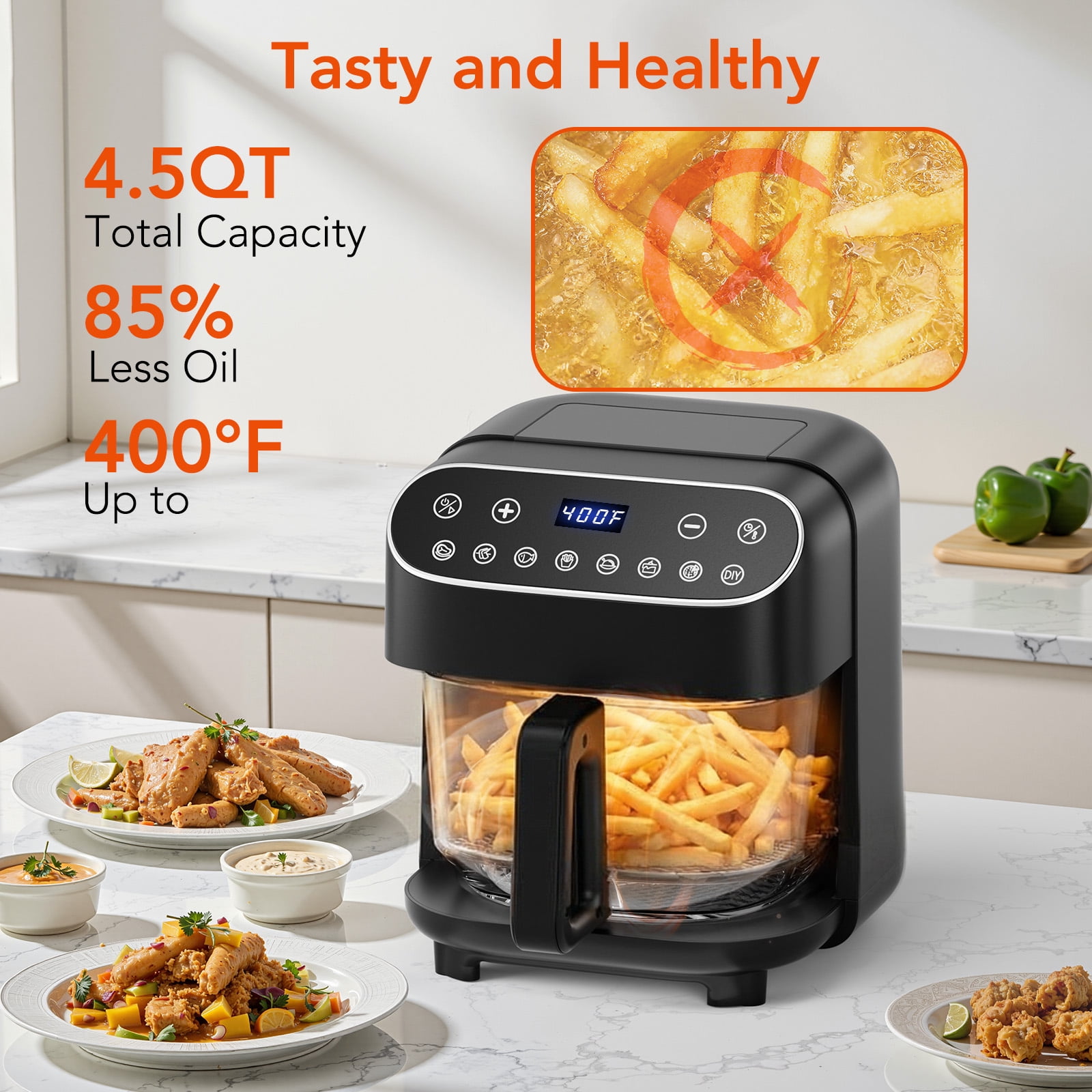 KNDKO 8-in-1 High Glass Air Fryer, Roast, Reheat, Dehydrate & Fries, PFAS-Free Non-Stick & Coating-Free, 4.5QT Compact Design, 400°F Max Temp with View Window & Dishwasher Safe Parts