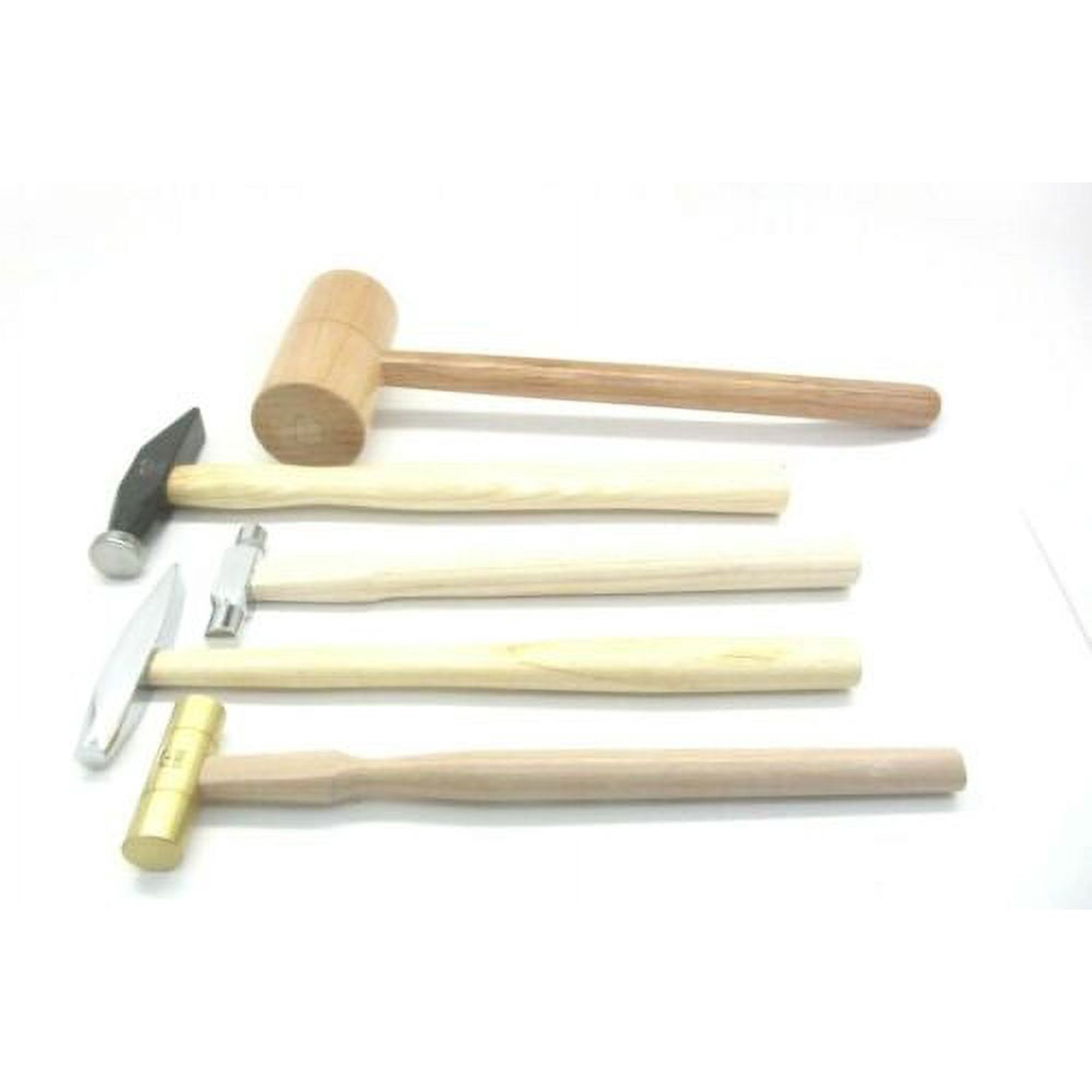 5 Piece Jewelers Hammer Set Professional Kit Including 2 Oz Ball Peen 9 Oz Goldsmith 2 Oz Brass Rivet and 3 Oz Wooden Mallet