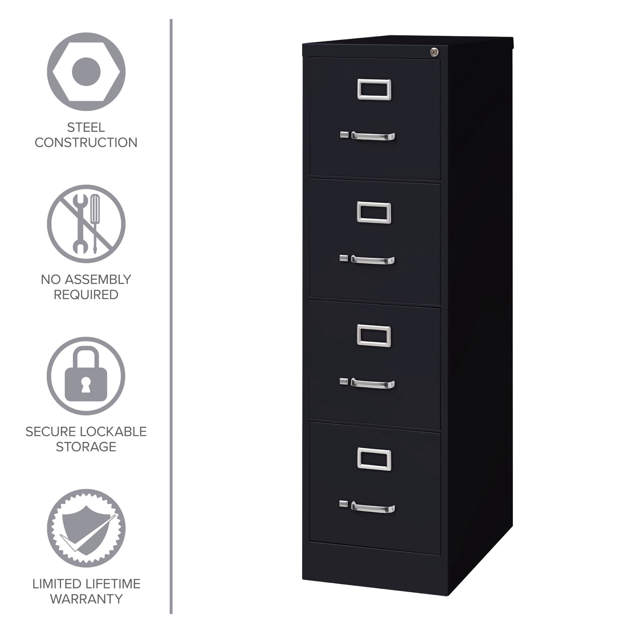 Hirsh 4 Drawer Letter Locking Metal Vertical File Cabinet, 25" Deep, Black