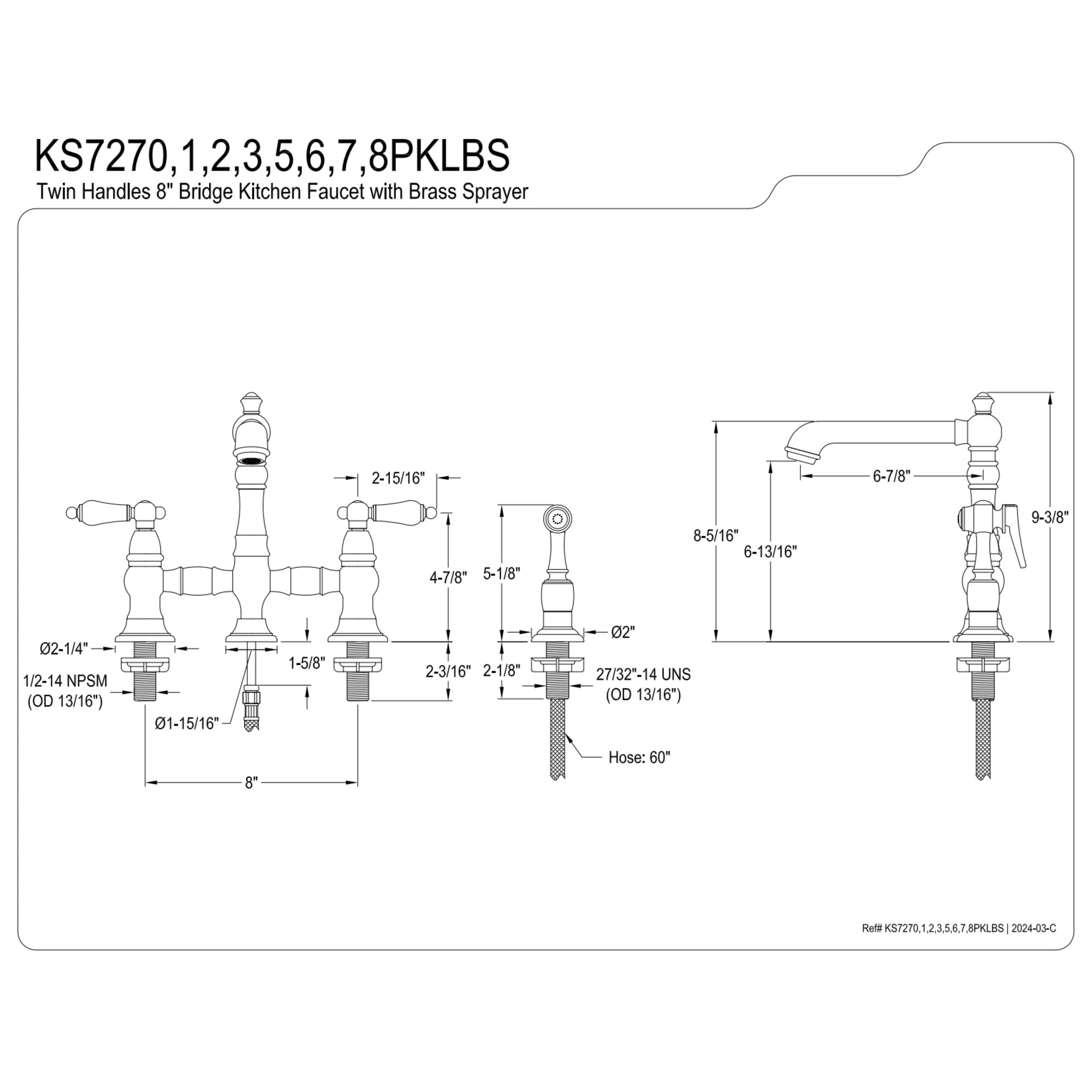Kingston Brass KS7276PKLBS Duchess Bridge Kitchen Faucet with Brass Side Sprayer, Polished Nickel