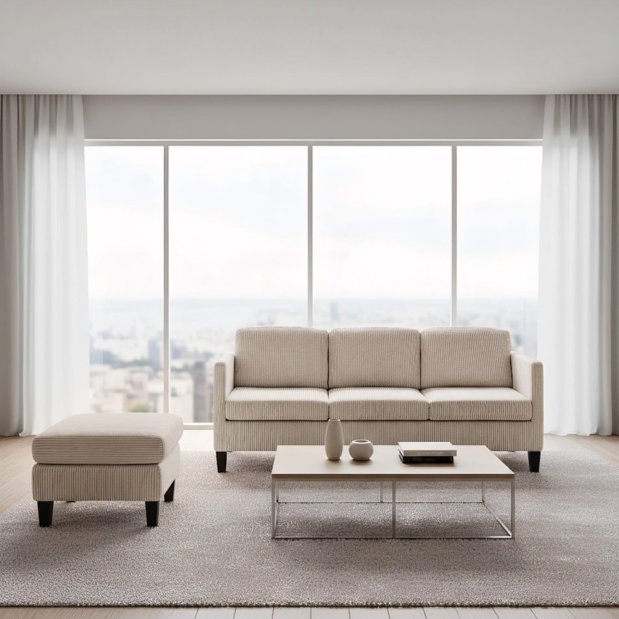 BSHTI 88.18" Corduroy L-Shaped Sectional Sofa with Memory Foam, Storage Chaise, Square Arms for Living Room（Off-White）