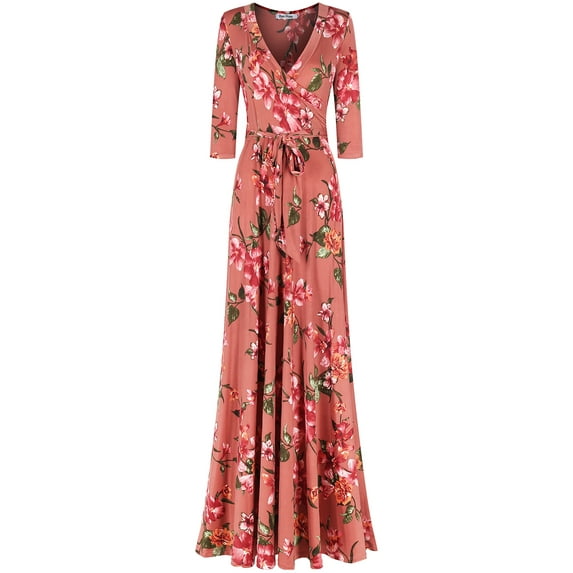 Bon Rosy, Women's, 3/4 Sleeve V-Neck Printed Maxi Faux Wrap Floral Dress, Blush, L