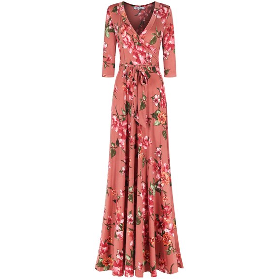 Bon Rosy, Women's, 3/4 Sleeve V-Neck Printed Maxi Faux Wrap Floral Dress, Blush, S