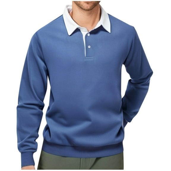 Wyobmus Men's Long Sleeve Shirt Classic Fit Casual Pullover Basic Lapel Collar Tops Trendy Button Down Shirts Blue