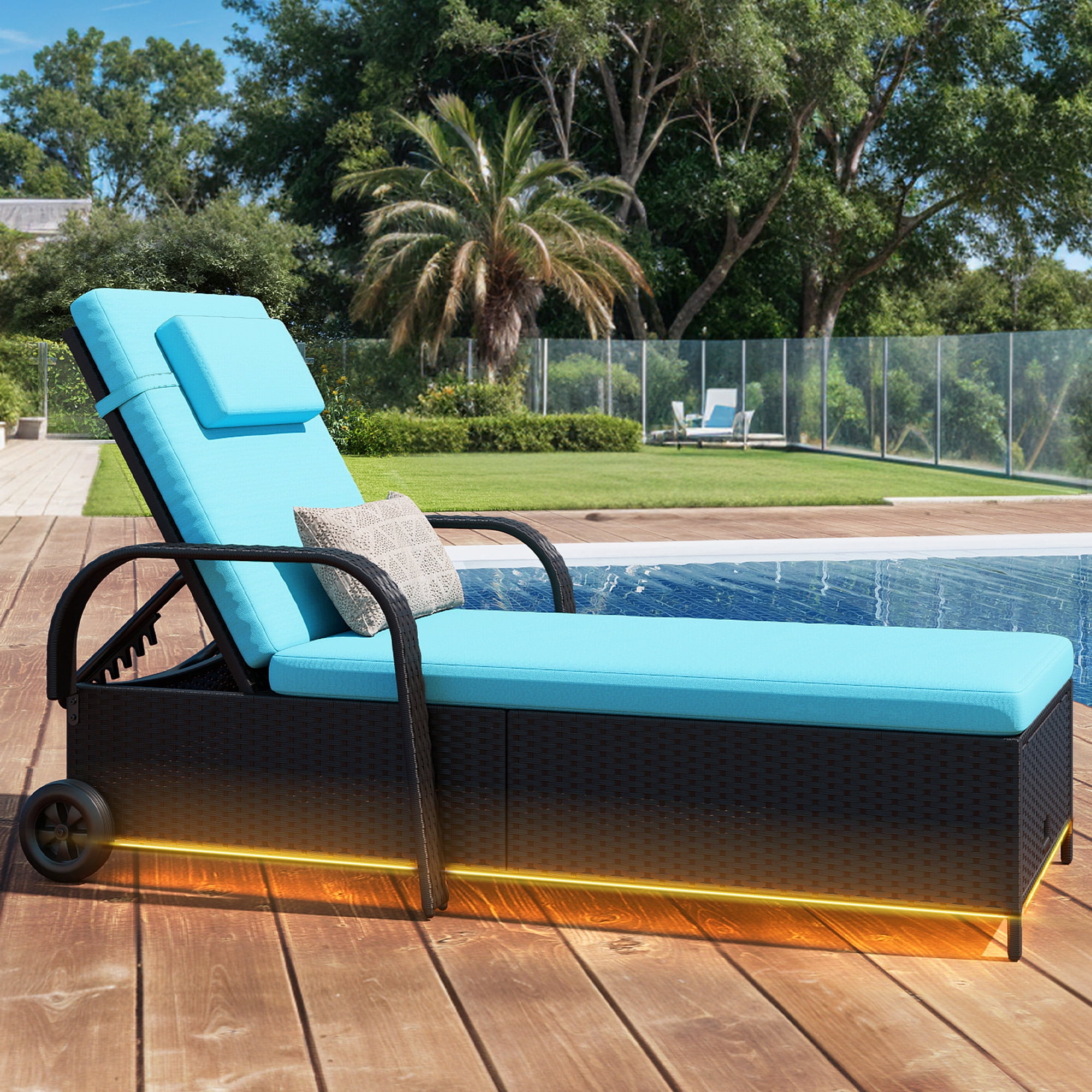 Uforic LED Outdoor Lounge Chair with 5-Level Recline, Wheels, Storage, Patio Wicker Chaise, Black/Blue