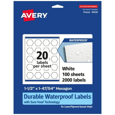 UPC: 0194793908268 | Avery Durable Waterproof Hexagon Labels with Sure Feed  1-1/2  x 1-47/54   2000 Oil and Tear-Resistant Waterproof Labels  Print-to-the-Edge  Laser/Pigment-Based Inkjet Printable Labels