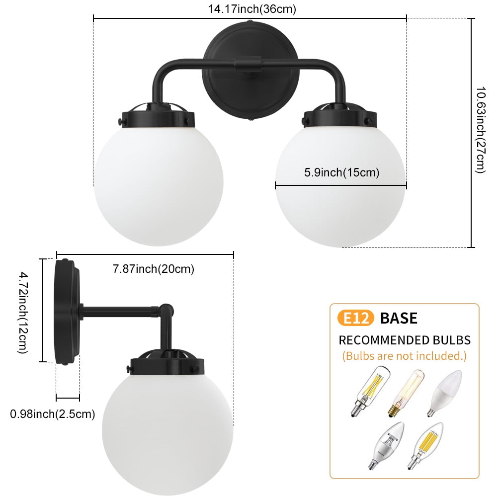 Deyidn 2-Light Modern Vanity Light, Black Bathroom Light Fixture with Milk White Glass Globes, 45 Inch Bathroom Wall Sconce for Mirror
