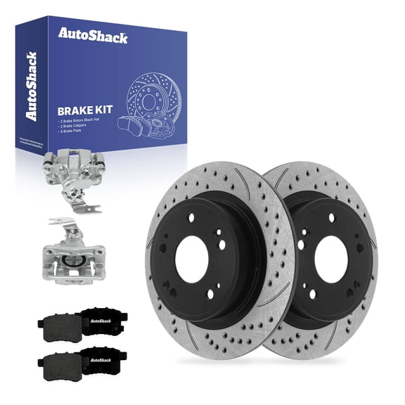 AutoShack Rear Solid Drilled & Slotted E-Coated Brake Rotors   Premium Ceramic Pads   Calipers 8-PC Brake Kit Replacement for 2013-2017 Honda Accord ShadowGuard 11.1" (282 mm)