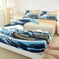 thumbnail image 3 of Manfei Japanese Style Bed Sheets,Sea Ocean Waves Nautical King Sheets,Ukiyoe Themed Sheet Set For Children,Super Cozy Room Decor,4pcs, 3 of 7