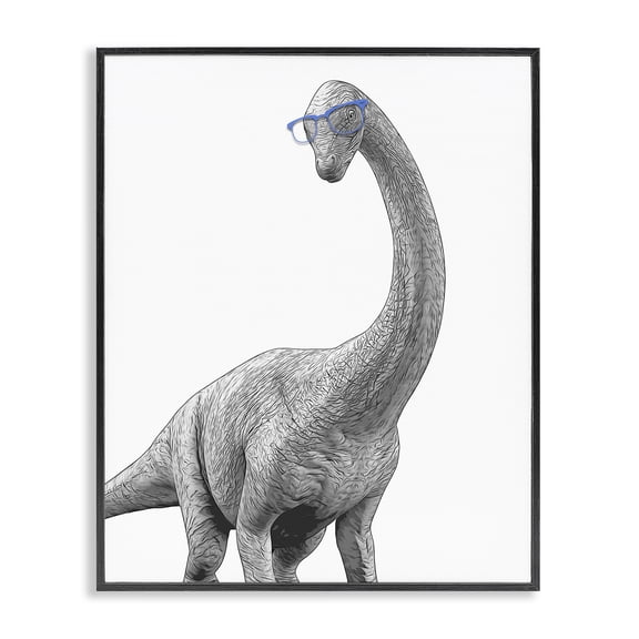 Stupell Industries Contemporary Cute Monochrome Longneck Dinosaur Blue Glasses Design Black Framed Giclee Art, 11 x 14, by Annalisa Latella