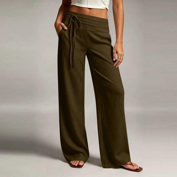 LEKWK Flowy Pants for Women High Waisted Drawstring Lounge Trousers with Pockets Loose Fit Wide Leg Palazzo Pants Beach Vacation Fashion Clothing