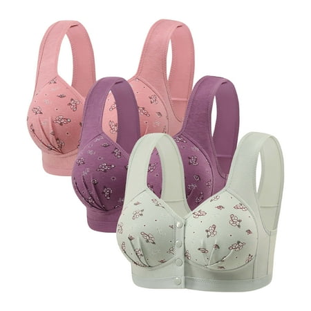 WIZUTIZ Bras for Women Front Closure Bras for Women No Underwire 3-Pack Push up Bralettes Wireless Plunge Relaxed Full Coverage Brassiere Floral Print Embroidered Underwear for Older Women XXL Pink