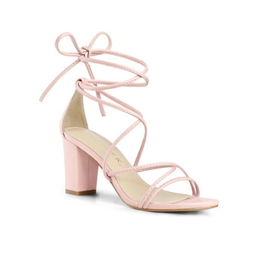 BLISSFUL STEP Women's Open Toe Lace Up Block Heel Strappy Straps Sandals Pink 10