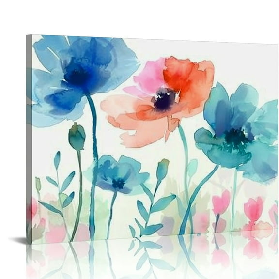 Nawypu - Watercolor Teal Coral Wall Decor Bedroom Canvas Art Aqua Orange Flower Canvas Print Poppy Painting Artwork Modern Living Room Pictures Wall Decoration