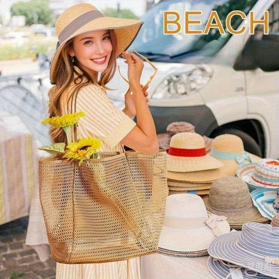 Foldable Mesh Beach Bag Women Shoulder Tote Summer Outdoor Travel Essential Lightweight Carry All