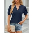 thumbnail image 2 of TEMOFON Blouses for Women V-neck Short Puff Sleeve Shirts Summer Soild Navyblue Tee for Business Comfy Tops for Lady Size S, 2 of 6