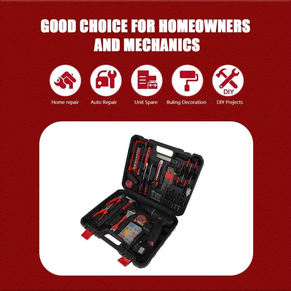 Tool set with 18v cordless drill (2 battery), 126 pieces professional home tool combo Kit. Cordless power Drill and Toolbox set for Household, Homeowners, office, garden, house repair and maintenance