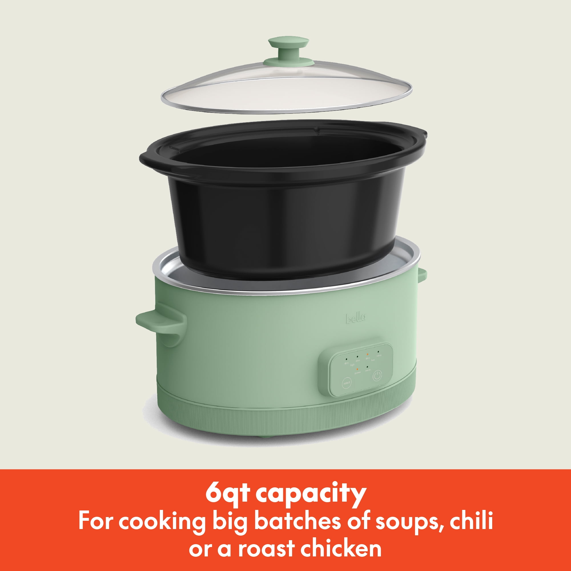 bella 6 Qt Digital Programmable Slow Cooker with Ceramic Nonstick Coating, Adjustable Temperature & Cooking Time, Dishwasher Safe Pot & Tempered Glass Lid, Seaglass