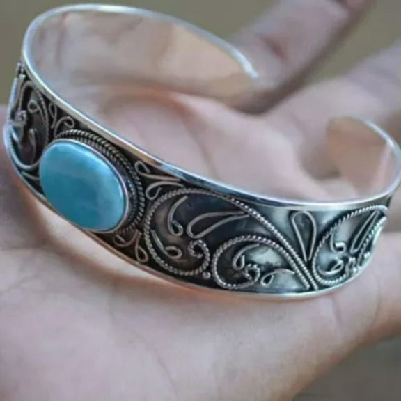 GKNET Women 925 Silver Filled Turquoise Carve Bracelet Bangle Cuff Wedding Jewelry-3