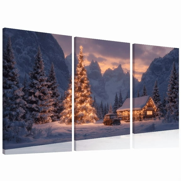Elegant Christmas Canvas Art with Wooden Frame - Vivid Holiday Scenery Featuring Illuminated Tree Cozy Cabin, Perfect for Home Office Wall Deco Perfect for Room Decor 12*16inch*3pcs