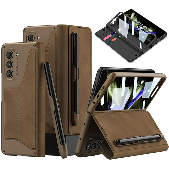 Compatible with Samsung Galaxy Z Fold 5 5G Case with S Pen Holder,Built-in Screen Protector Hinge Protection Shockproof Detachable Pen Holder Wallet Case for Samsung Galaxy Z Fold 5 Brown