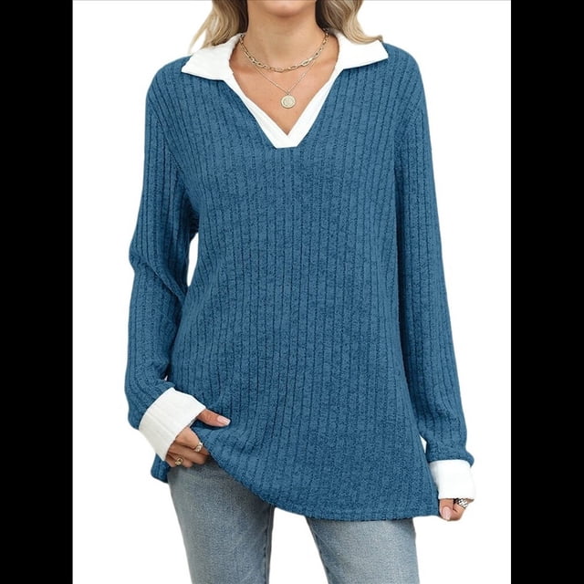 Suéteres de Cuello en V para Mujer, Jersey con Bloques de Color, Mangas Largas, Corte Holgado, Estilo Informal, Tipo Túnica, Camisetas. Azul Pavo Real M