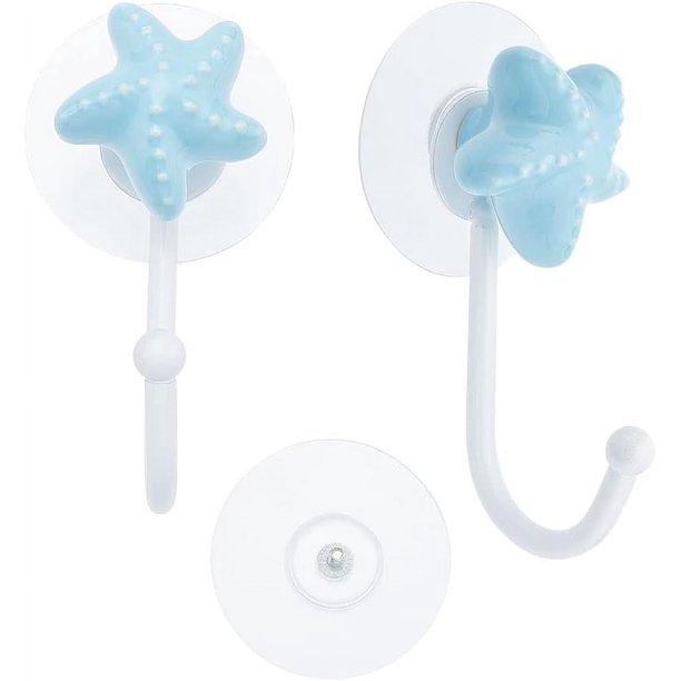 1 gancho de pared de cerámica con diseño de estrella de mar azul cielo claro, de porcelana, con gancho de hierro, adhesivo de plástico sin costuras, para llaves, sombreros, ropa, toallas de baño.