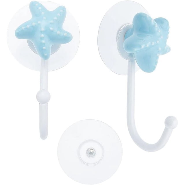 1 gancho de pared de cerámica con diseño de estrella de mar azul cielo claro, de porcelana, con gancho de hierro, adhesivo de plástico sin costuras, para llaves, sombreros, ropa, toallas de baño.