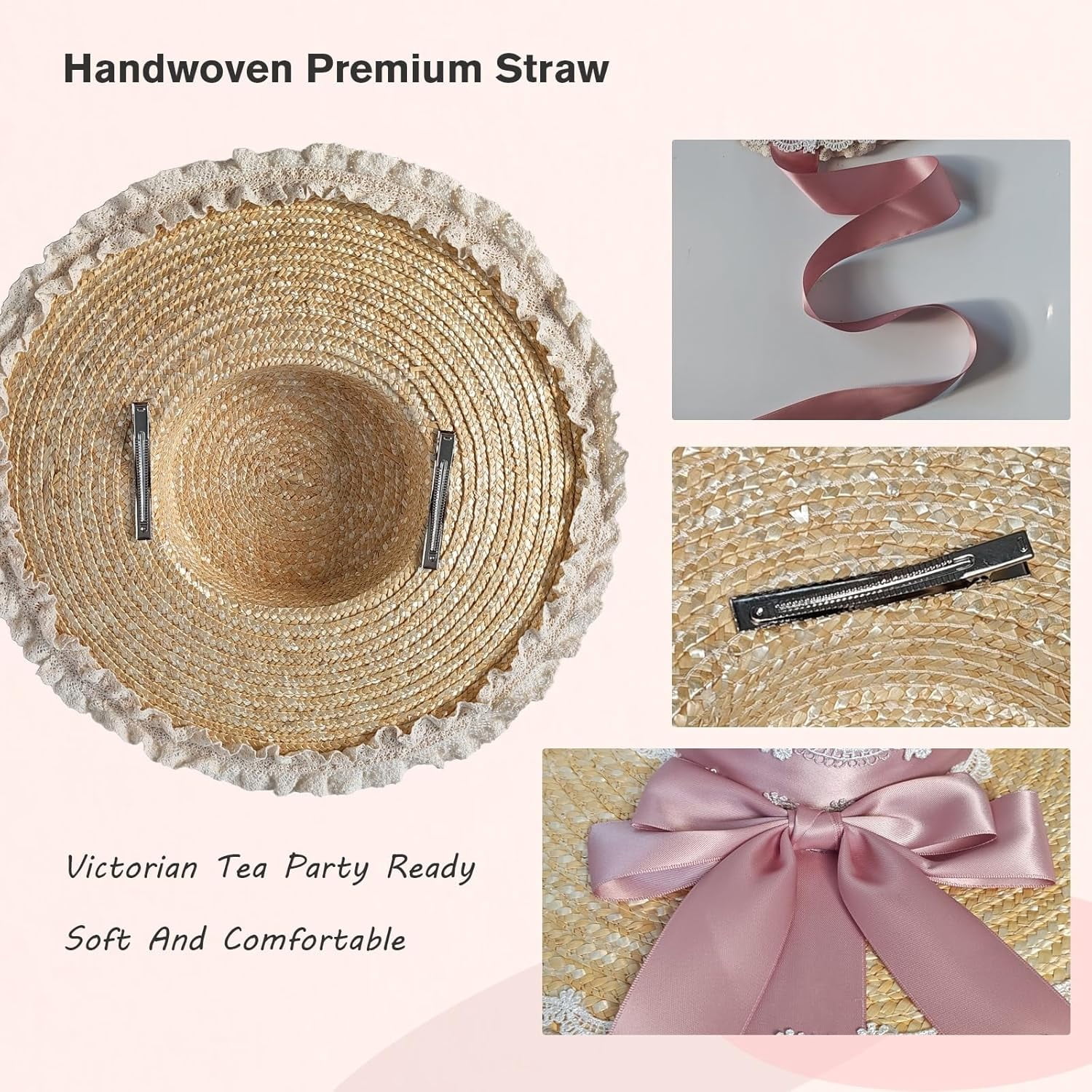 Kukuzhu Women Victorian Tea Party Sun Hat, Lolita Bows Flower Ribbon Flat Straw Hat Summer Beach Bonnet Cap for Travel