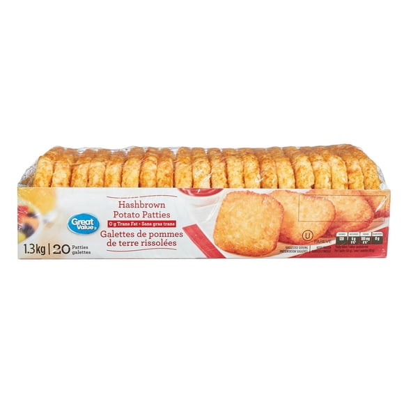Great Value Galettes de Pommes de Terre Rissolées, Surgelées, 20 Galettes 1.3kg