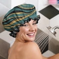 thumbnail image 5 of Shower Caps,Teal Gold Marble Pattern Waterproof Shower Cap for Women 4 Pieces,Double Reusable Hair Cover for Shower PEVA Elastic Stretch Hem, 5 of 7