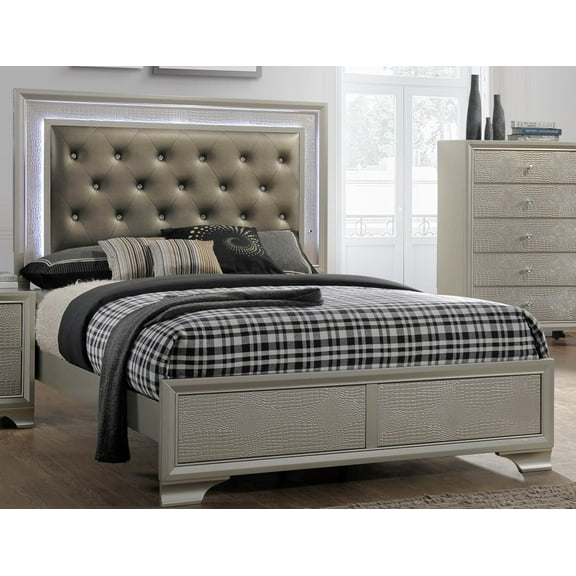 Modern Champagne Faux Finish 1pc Queen Size Bed Wooden Bedroom Furniture