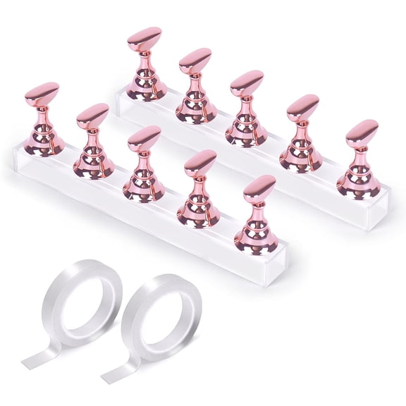 ACDANC 2 Sets Pink Nail Painting Practice Stand with 1M Double-Sided Tape Acrylic Fake Nail Art Holder for Press Ons Magnetic Nail Display Design Tools Kit Accessories for Home Diy Salon Supplies