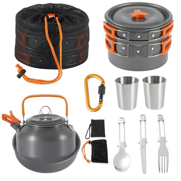 NUAHRHY Camping Cookware Kit Outdoor Aluminum Cooking Set for 2 to 3 People Non Stick Folding Camping Pans and Pots Travelling Camping Hiking Picnic BBQ Orange-Orange