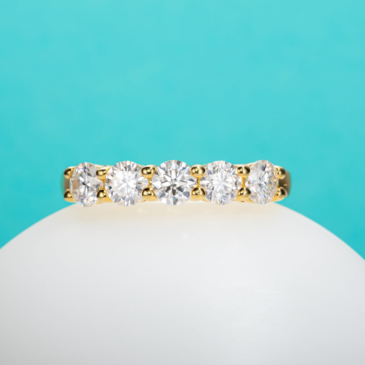 AnuClub 5 Stone Moissanite Eternity Wedding Band 1.5cttw D Color Moissanite 14K Gold Plated 925 Sterling Silver Rings for Women with Certificate