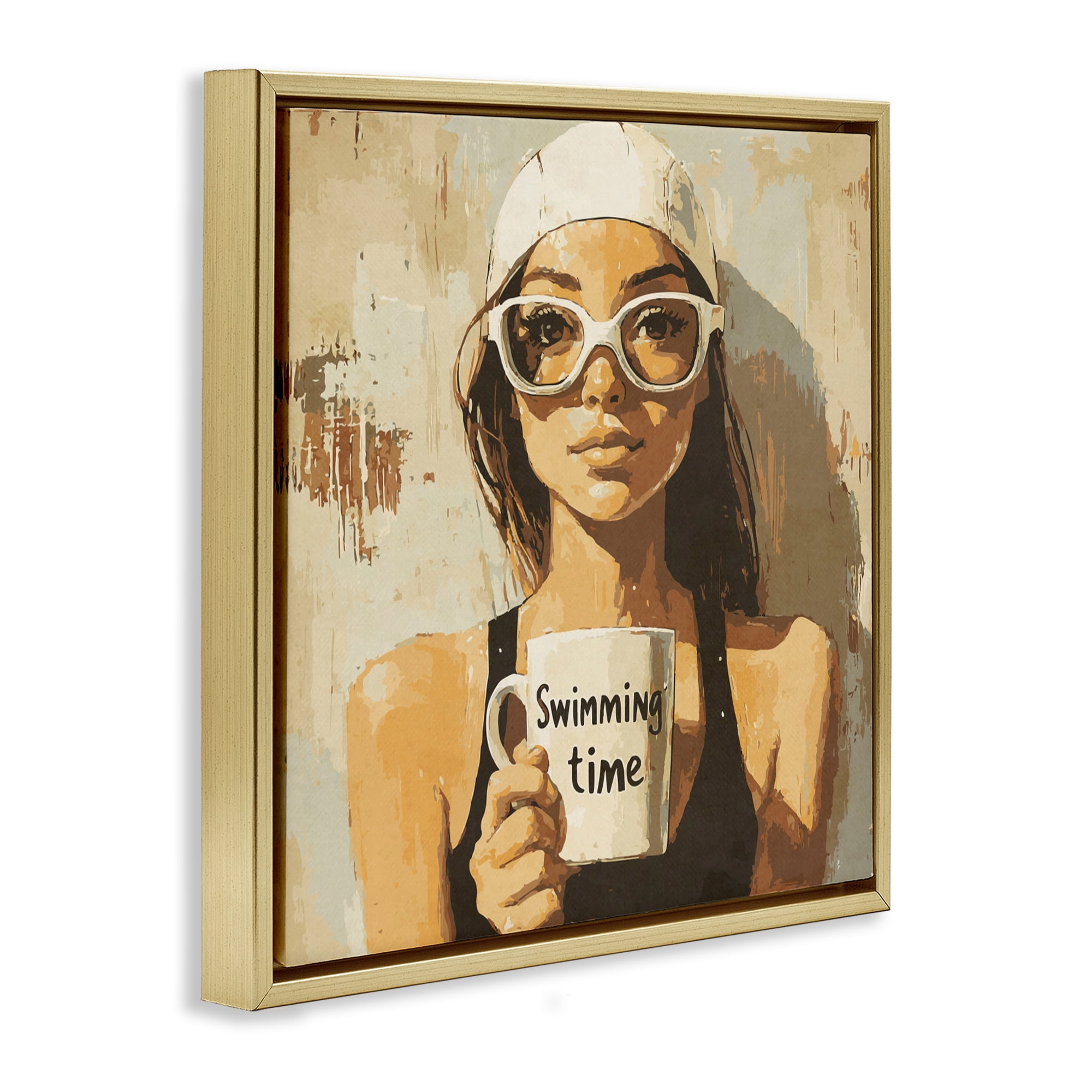 Stupell Industries Swimming Mug Girl Gold Framed Floater Canvas Wall Art, design by Layla Oz