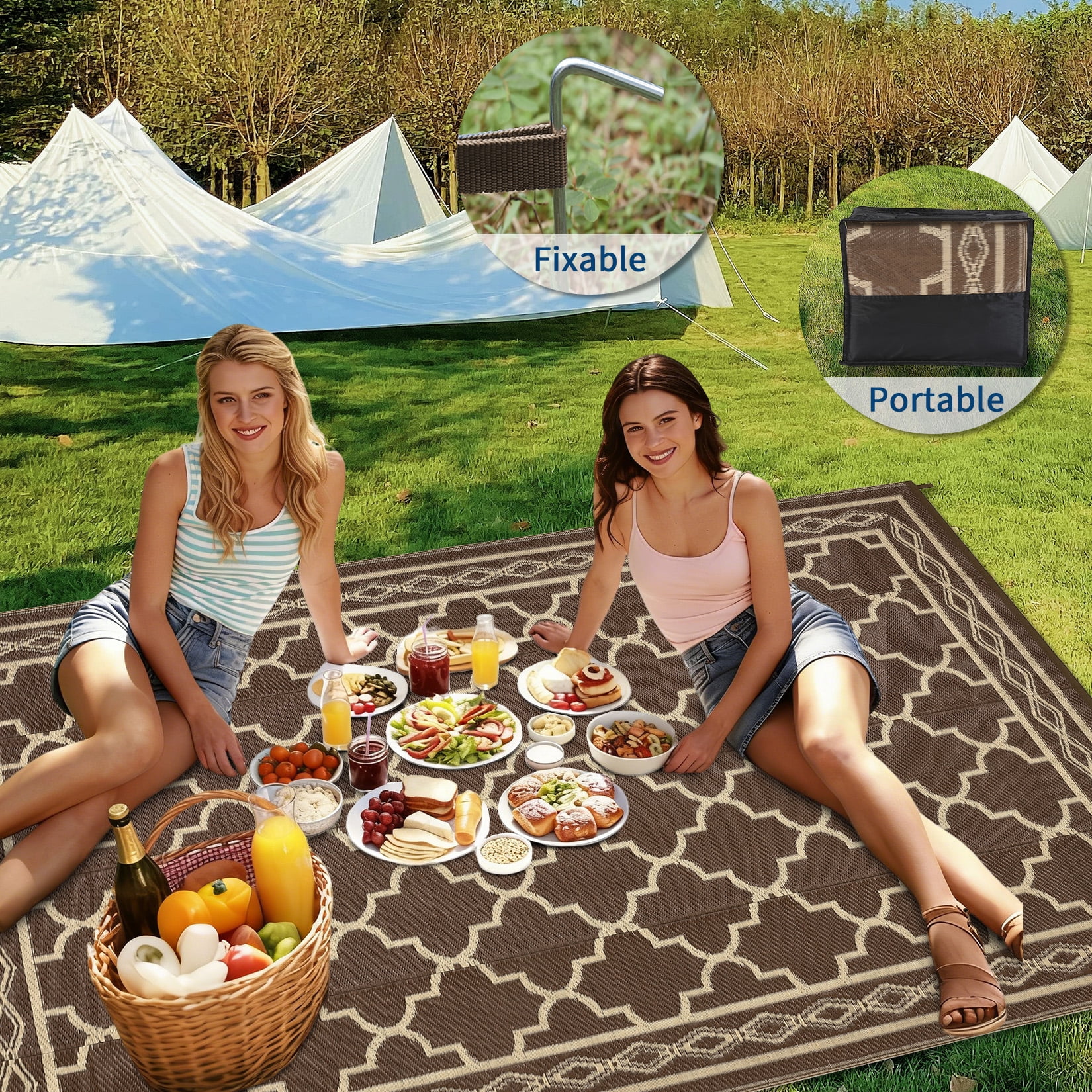 HIWEAVER 10' x 20' Brown Outdoor Rug PP Plastic Straw Woven Waterproof Patio Rug with Border Portable Outside Carpet for Balcony Deck Picnic Garden Decor
