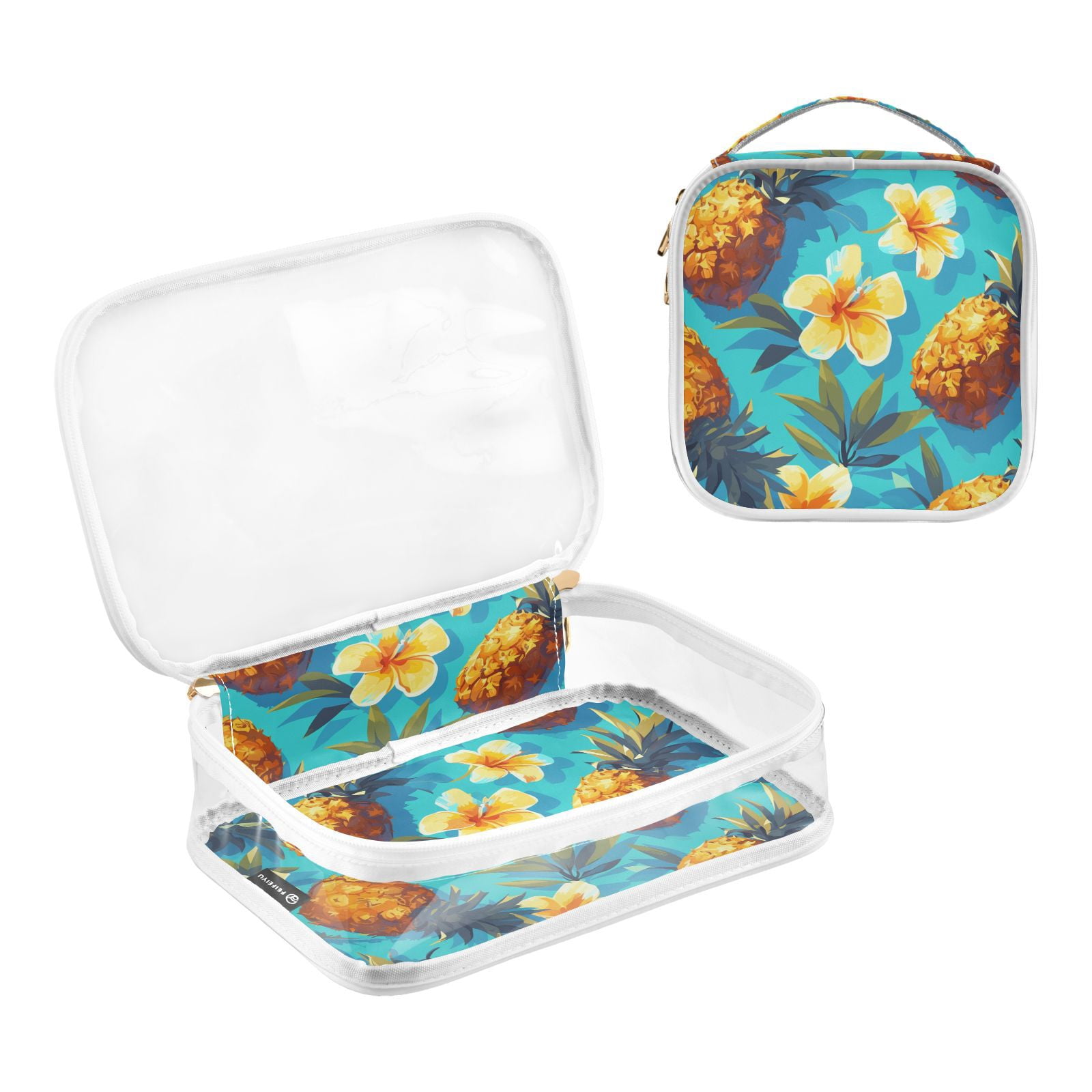 Clear Makeup Bags with Handle Large Opening 2 Pack Set Toiletry Bag Quart Size Bag, for Women Man Traveling Travel Essentials, Toiletries and Other. Flowers Pineapple Summer
